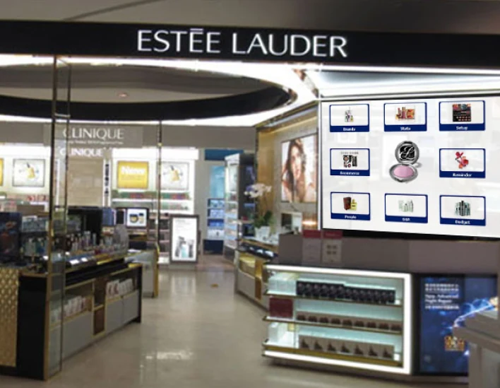 Menu screen of a project management system for a cosmetics retailer, shown over a store counter